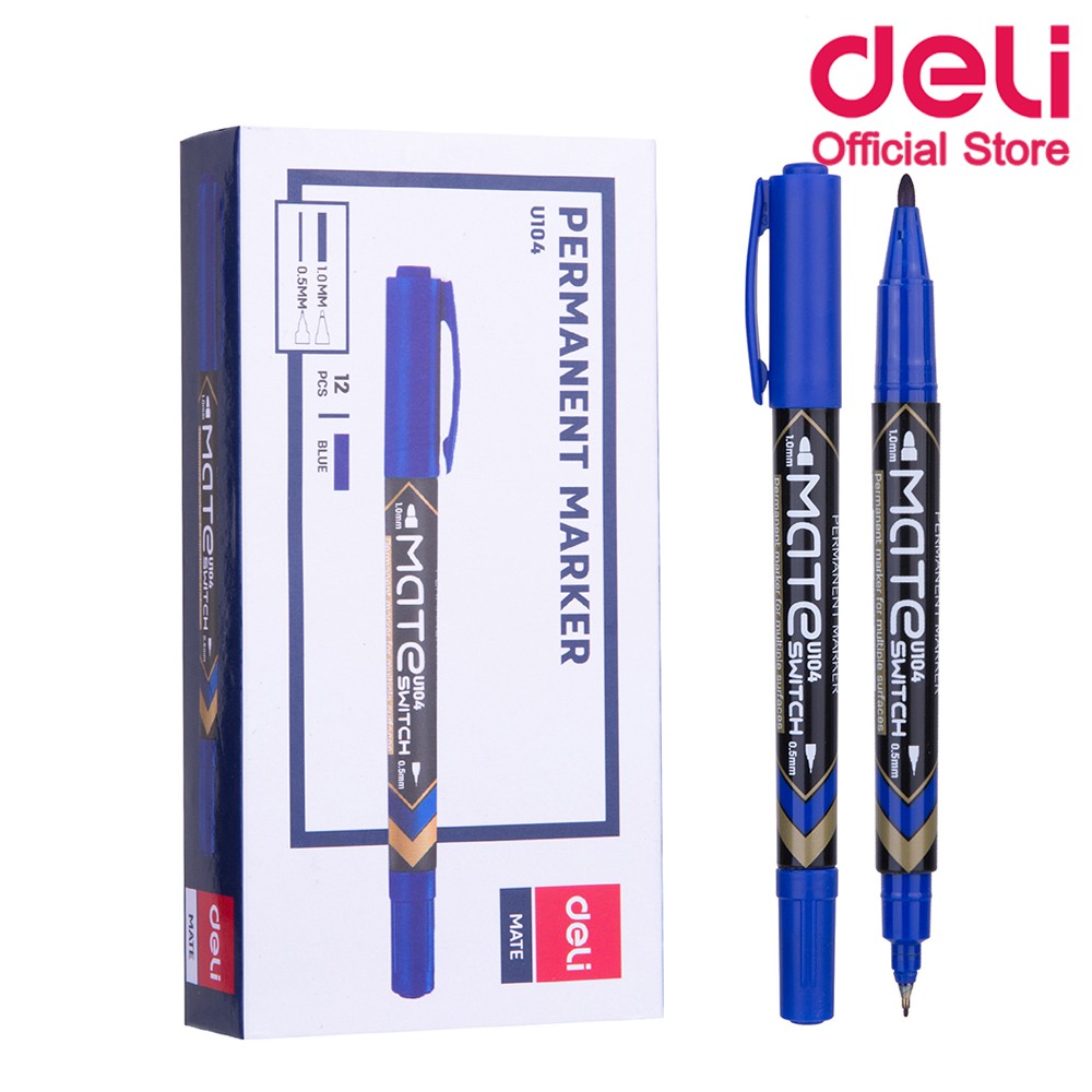 deli-u10430-marker-pen-ปากกามาร์คเกอร์-สำหรับเขียนซองพลาสติก-เขียนแผ่นซีดี-โมเดล-แบบ-2-หัว-สีน้ำเงิน-แพ็คกล่อง-12-แท่ง