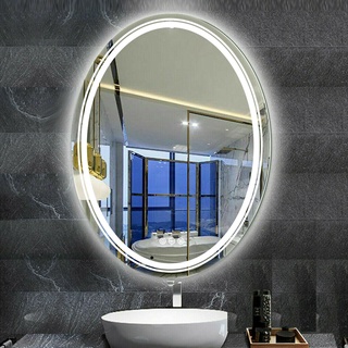 กระจกแต่งหน้ารูปไข่ขนาดใหญ่ LED กระจกห้องน้ำติดผนังพร้อมไฟ Anti-Fog พร้อมสวิตช์สัมผัส 3 สี Light Dimmable Makeup Mirror
