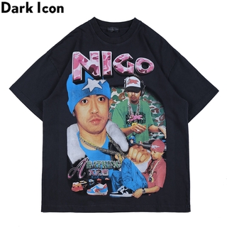 【ใหม่】Dark Icon Rap Rock Hip Hop เสื้อยืดผู้ชายลวงตาตัวอักษรพิมพ์ Streetwear Mens Tshirts Cotton Tee