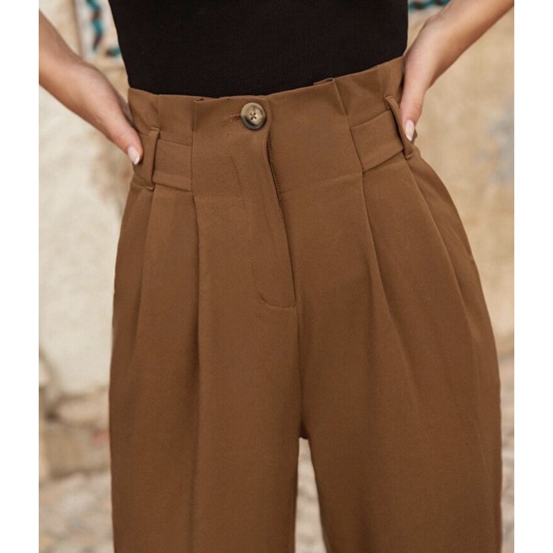 กางเกงห้าส่วนสีน้ำตาลไซส์-m-shein-paperbag-waist-fold-pleat-roll-hem-pants