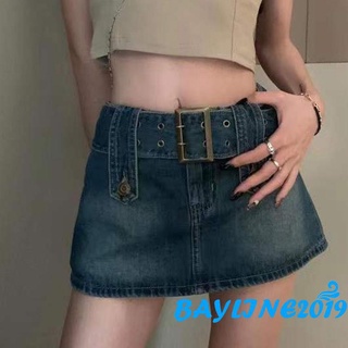 Bay-Women Casual Skirt, High Waist Solid Color Slim Fit Short Skirt with Wide Belt, Dark Blue/Black