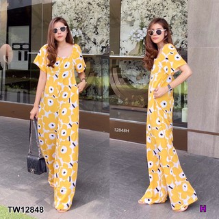 TW12848 จั๊มสูทลายดอกขายาว เนื้อผ้า100D เนื้อผ้าไม่หนาใส่สบาย มีกระเป๋าสองข้าง ซิปหลังด้วยจ้า ลายนี้น่ารักมากก