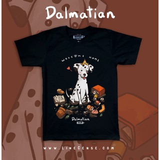 Dalmatian " welcome home " Dog on Black t-shirt เสื้อยืด สีดำ ลายน้องหมาดัลเมเชี่ยน