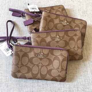 กระเป๋าสตางค์คล้องมือ COACH F87591 DOUBLE CORNER ZIP WRISTLET IN SIGNATURE คล้องมือ s 2ซิบ