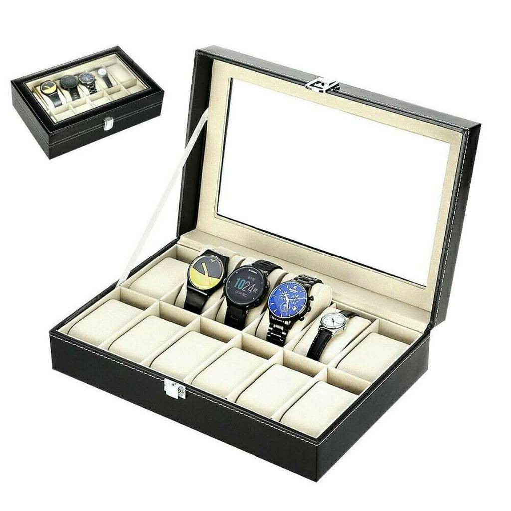 รูปภาพสินค้าแรกของกล่องนาฬิกา กล่องเก็บนาฬิกาข้อมือ กล่องใส่นาฬิกา 3 เรือน / 12 เรือน ฝากระจก  บุหนัง PU สีดำ