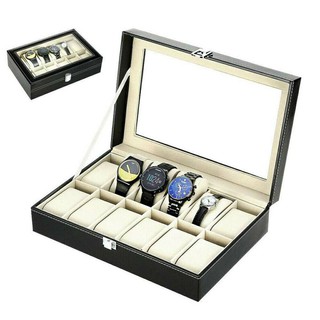 ภาพขนาดย่อของสินค้ากล่องนาฬิกา กล่องเก็บนาฬิกาข้อมือ กล่องใส่นาฬิกา 3 เรือน / 12 เรือน ฝากระจก  บุหนัง PU สีดำ
