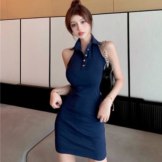 🔥ขายร้อนล่าสุด Halter Halter Knit Dress 021 แฟชั่นใหม่สไตล์เกาหลี Slim Pack กระโปรงสะโพก POLO Collar Skirt