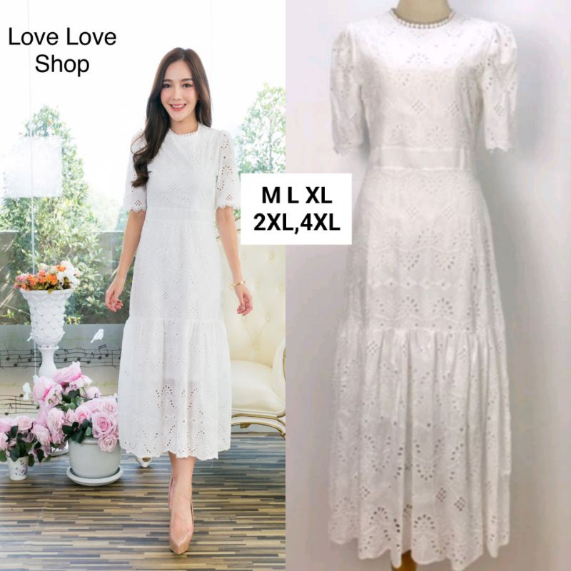 งานบุญ-งานบวช-m-4xl-maxi-dress-เดรสสีขาวผ้าฉลุลายแขนพอง-งานป้าย