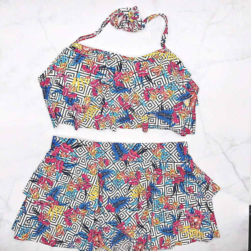 ชุดว่ายน้ำทูพีช-bikini-บิกินี่แบบผูก-สไตล์เกาหลี-สวยๆ-ชุดว่ายนํ้าผญ-ผ้าไลคร่า-ลายกราฟฟิก-beachlife-ไซส์-s