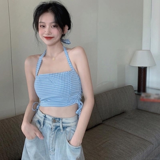 เสื้อครอป ลายสก๊อต เซ็กซี่ สไตล์เกาหลี สําหรับผู้หญิง