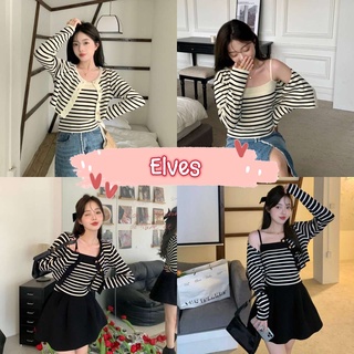 Elves✨พร้อมส่ง✨ เสื้อสายเดี่ยวไหมพรม+ เสื้อคลุม ลายทางน่ารักมาก ~9526+9526-2-C/9526-1~