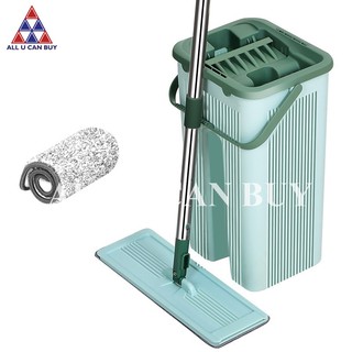 ALL U CAN BUY ม็อบ ถังม็อบพร้อมไม้ถู ไม้ถูพื้นแบบรีดน้ำพร้อมถังปั่น Flat mop ม็อบถังรีดน้ำ ไม้ม็อบ ถังม็อบ ไมโครไฟเบอร์