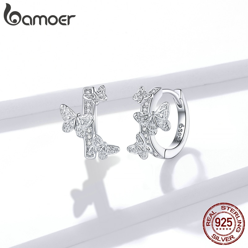 ภาพหน้าปกสินค้าbamoer Silver 925 Flying Butterflies Stud Earrings for Women Dazzling CZ Statement Hypoallergenic Jewelry Gifts for Kids BSE445 จากร้าน bamoer.th บน Shopee