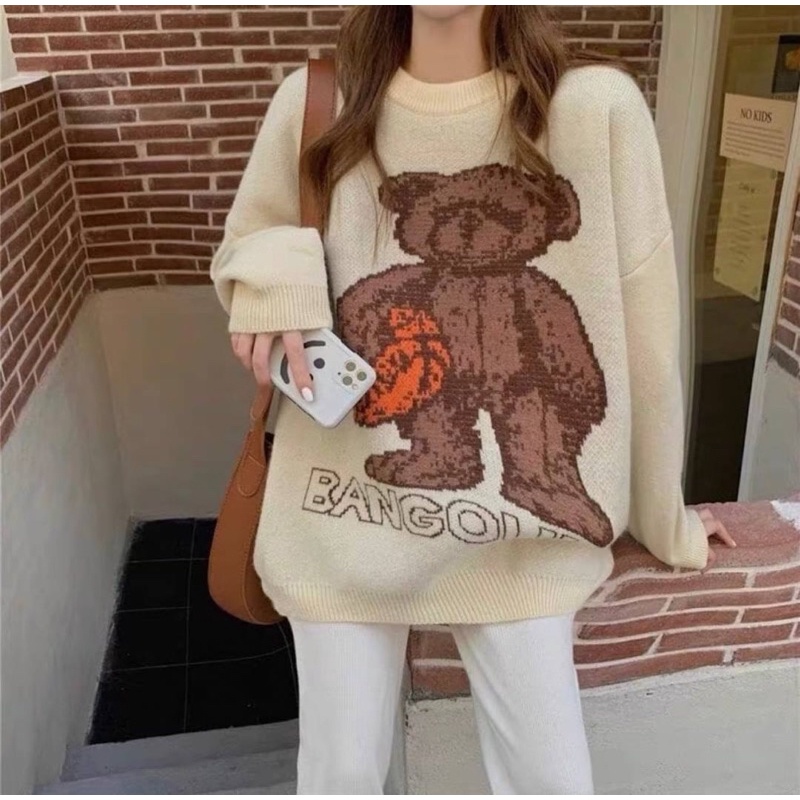 เสื้อสเวตเตอร์ผ้าไหมพรมลายหมีสีน้ำตาลผ้่หนานุ่มมาก