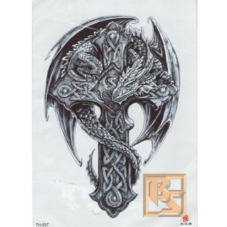 Tattoo แผ่นใหญ่ ลาย​ มังกร​ Dragon​ ไม้กางเขน​ แท็ททู​ สติกเกอร์ TH-537