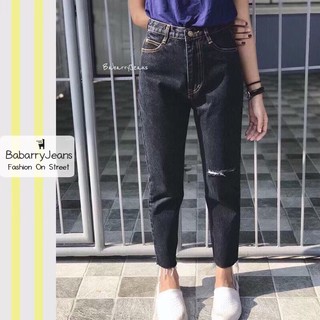 BabarryJeans ยีนส์ทรงบอยเฟรน แต่งขาดเข่า เอวสูง สีดำมิทไนท์