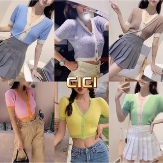 Cici(NO.1116-1)เสื้อครอปไหมพรม candycolor ดีเทลกระดุมผ่ากลางทรงเบสิค