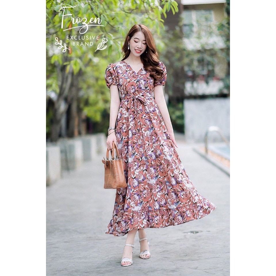 maxidress-แม็กซี่เดรส-แขนตุ๊กตา-ผ้าหางกระรอก-ผูกโบเอว