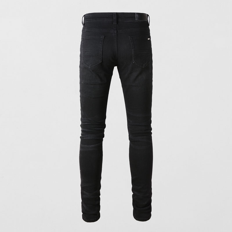 amiri-กางเกงยีนส์ผู้ชาย-ทรงสลิม-สีดำ-ทรงขาด-แพทช์สีน้ำเงิน-highstreetcasualdenim