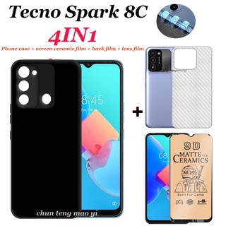 [4 In 1] เคสโทรศัพท์มือถือแบบนิ่ม TPU พร้อมฟิล์มเซรามิก ฟิล์มด้านหลัง ฟิล์มเลนส์ สีดํา คุณภาพสูง สําหรับ Tecno Spark 8C Tecno Spark GO 2022
