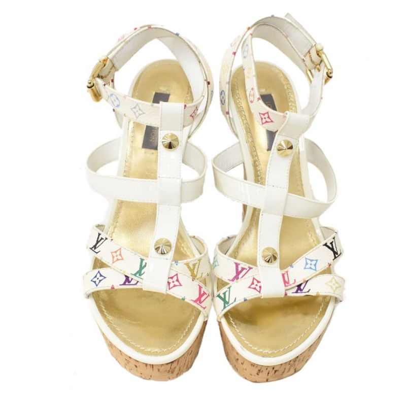 used-like-new-lv-white-multicolor-lv-monogram-leather-cage-wedges-sandals-ผ่านการตรวจสอบจากสถาบันแบรนด์ของแท้-100