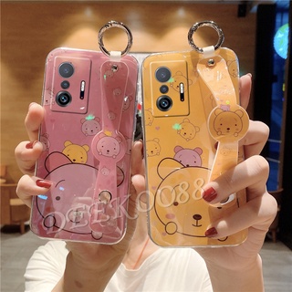 เคสโทรศัพท์มือถือ ซิลิโคนนิ่ม ลายการ์ตูนหมี ดอกซากุระน่ารัก พร้อมสายคล้องข้อมือ หลากสี สําหรับ Xiaomi Mi 11T 10T Pro 11 Lite NE Ultra 5G POCO X3 GT NFC M3 Pro F3 2021 Xiaomi11T Mi11T 11TPro 11Lite เคส