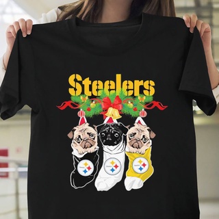 เสื้อยืดวินเทจเสื้อยืด ผ้าฝ้ายแท้ พิมพ์ลาย Merry Christmas Pittsburgh Steelers Pugs แฟชั่นยอดนิยม สําหรับผู้ชายS-5XL