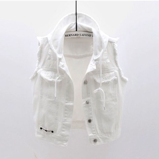 เสื้อกั๊กยีนสั้น มีฮู้ด สีขาว เข้ากับทุกการแต่งกาย สไตล์เกาหลีตะวันตก แฟชั่นฤดูร้อน สําหรับผู้หญิง