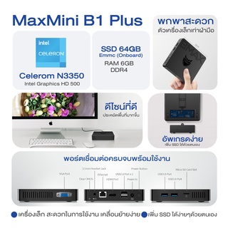 ภาพขนาดย่อของภาพหน้าปกสินค้าBMAX B1 Plus มินิ พีซี วินโดร์ 10 แท้ Intel Celeron N3350 6GB RAM 64GB ROM WIFI 2.4GHz/5GHz HDMI VGA จากร้าน bmax_official บน Shopee