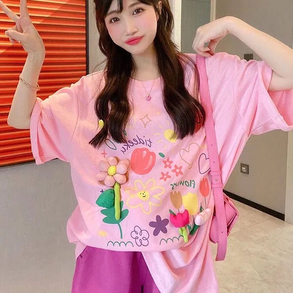 ten-th-การ์ตูนสามมิติดอกไม้พิมพ์เสื้อยืดแขนสั้นผู้หญิง-2022-ฤดูร้อนใหม่หลวม-cherry-blossom-บุคลิกภาพอารมณ์-top