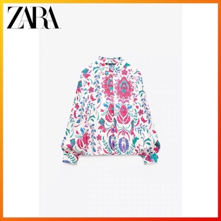Zara เสื้อฤดูร้อนใหม่ของผู้หญิงพิมพ์ลายดอกไม้แขนยาวปกเสื้อไหมซาตินพื้นผิว