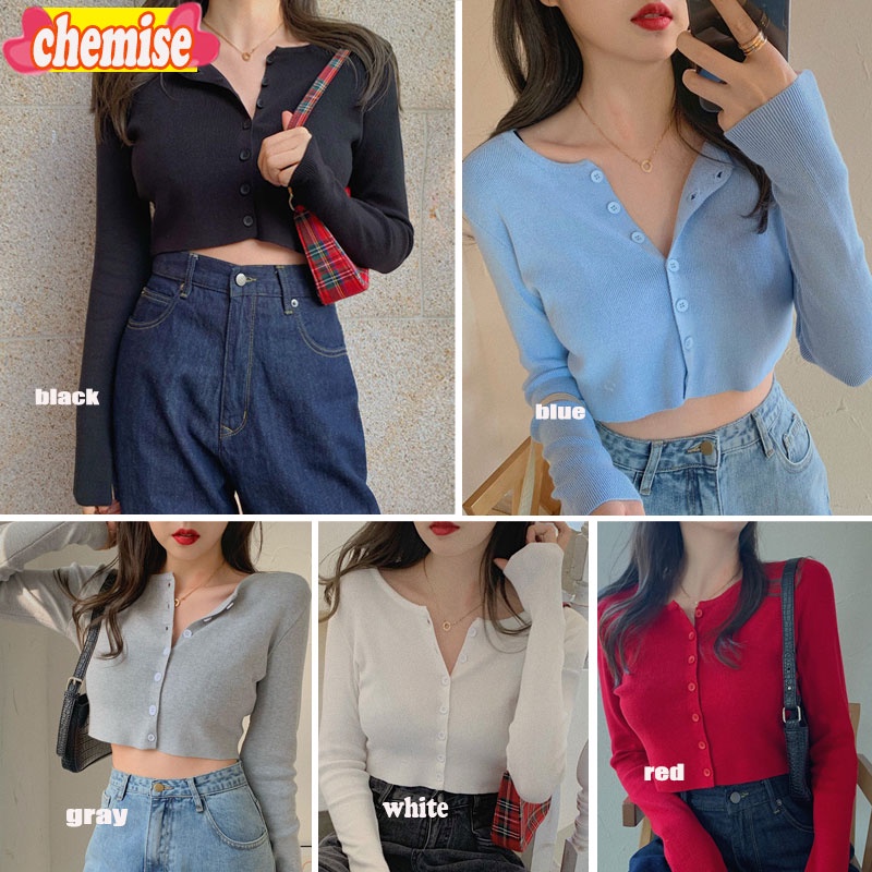 chemisegrace-พร้อมส่ง-เสื้อครอปไหมพรมแขนยาวกระดุมหน้า-เนื้อผ้าดี-สวย-น่ารัก-วคอวี-สีพื้น-5203