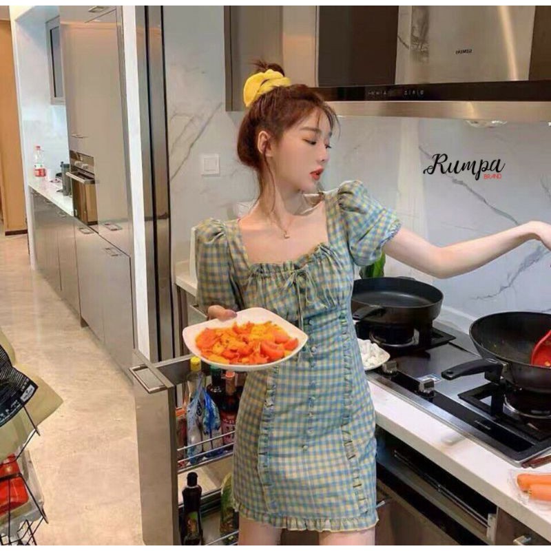 rumpa-brand-dress-เดรสตัวสั้น-คอเหลี่ยมผูกโบว์-แต่งแขนตุ๊กตาลายสก๊อต