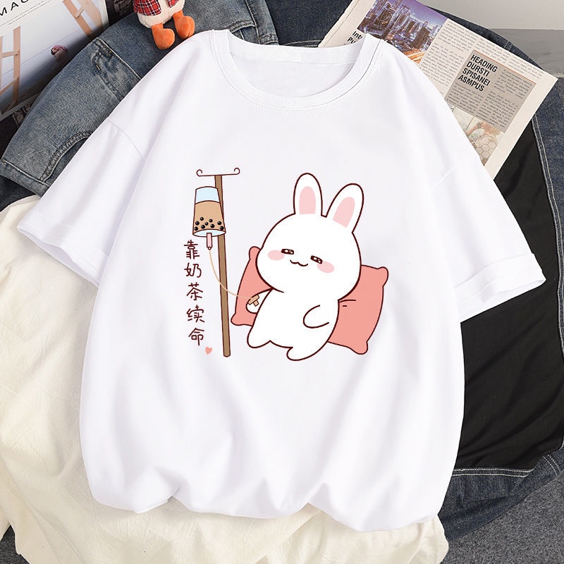 เสื้อยืดผ้าฝ้ายพิมพ์ลาย-เสื้อยืด-ลายกระต่ายเซลฟี่น่ารัก-สีขาว-สไตล์ญี่ปุ่น