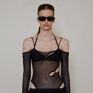 BLACKDOG BKK - dnd22012 - Black  Ashley bodysuit-บอดี้สูทสีดำตัดต่อผ้าตาข่ายซีทรูมีบราข้างใน
