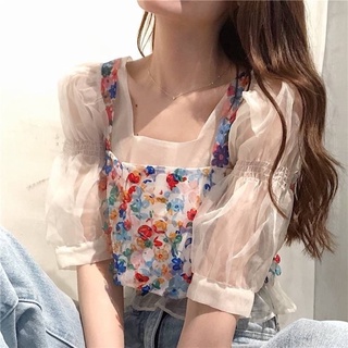 💐Belle glitter shirt💐เสื้อคอเหลี่ยม แขนตุ๊กตาซีทรู ตัวนอกปักกลิตเตอร์วิ้งค์ ๆ