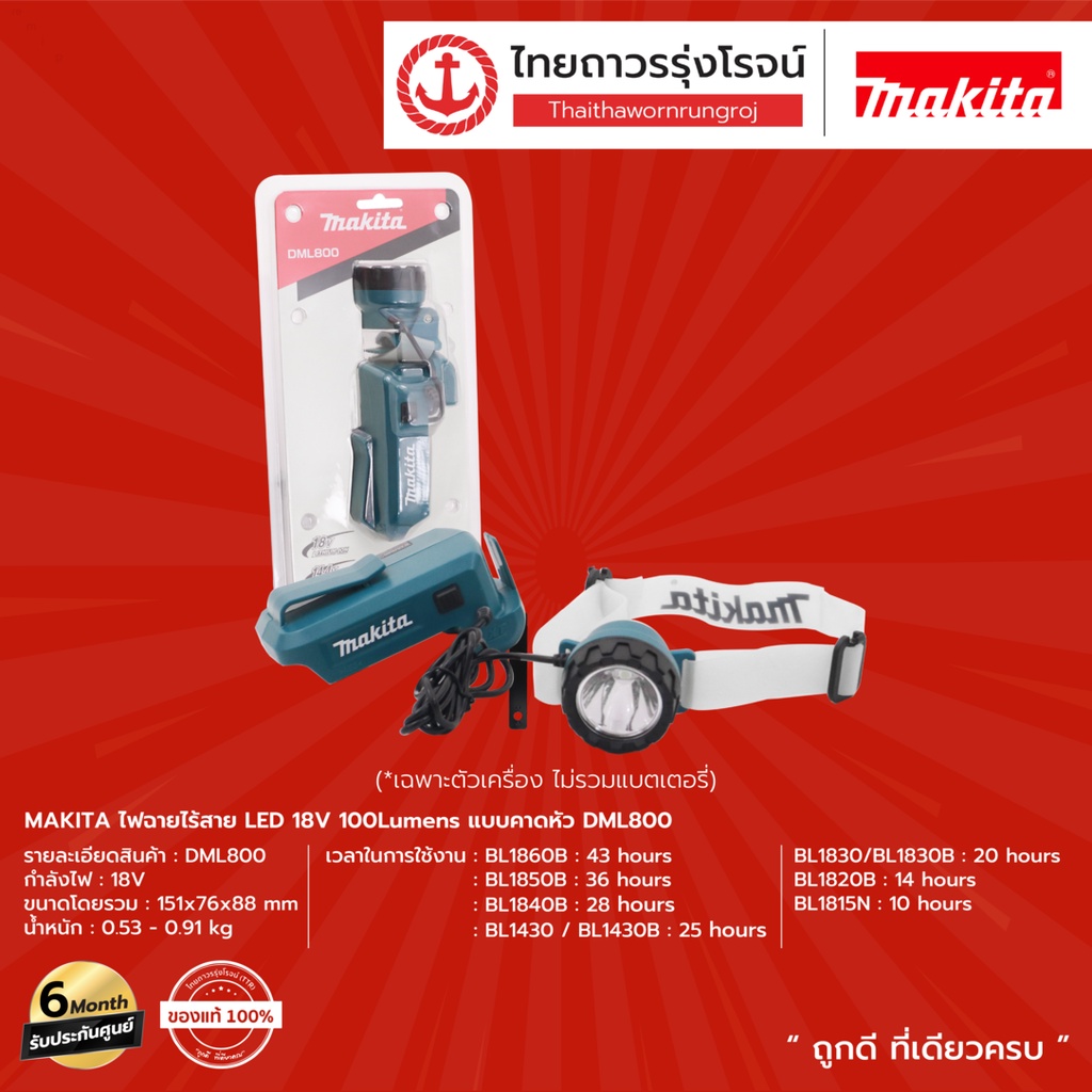 MAKITA DML800 ไฟฉายไร้สาย LED 18v 100Lumens แบบคาดหัว รุ่น DML800 ...