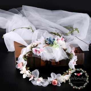 Handmade Blueberry Wreath Tiara White Veil Fabric Flower Bridal Headpiece Wedding Acc
