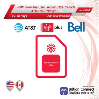 eSIM USA Canada Sim Card 2GB-10GB AT&T Telus: ซิมสหรัฐอเมริกา แคนาดา 15-30 วัน by ซิมต่างประเทศ Billion Connect