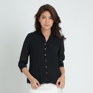 GSP BLOUSE เสื้อจีเอสพี เสื้อมีปก แขนยาวสามส่วน สีดำ แต่งดีเทลด้านหน้า (SL3ZBL)