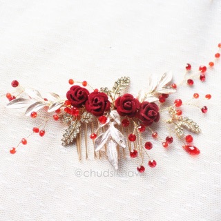 หวีสับดอกกุหลาบสีแดงเล็ก เครื่องประดับงานยกน้ำชา งานแต่งงานพิธีจีน ตรุษจีน