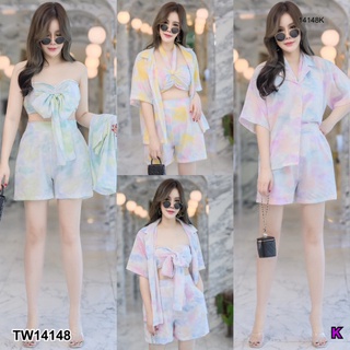 B14148 Set #สาวอวบ 3 ชิ้น เสื้อเชิ๊ต + กางเกงขาสั้น + เกาะอก Set #chubby girl 3 pieces shirt + shorts + chest