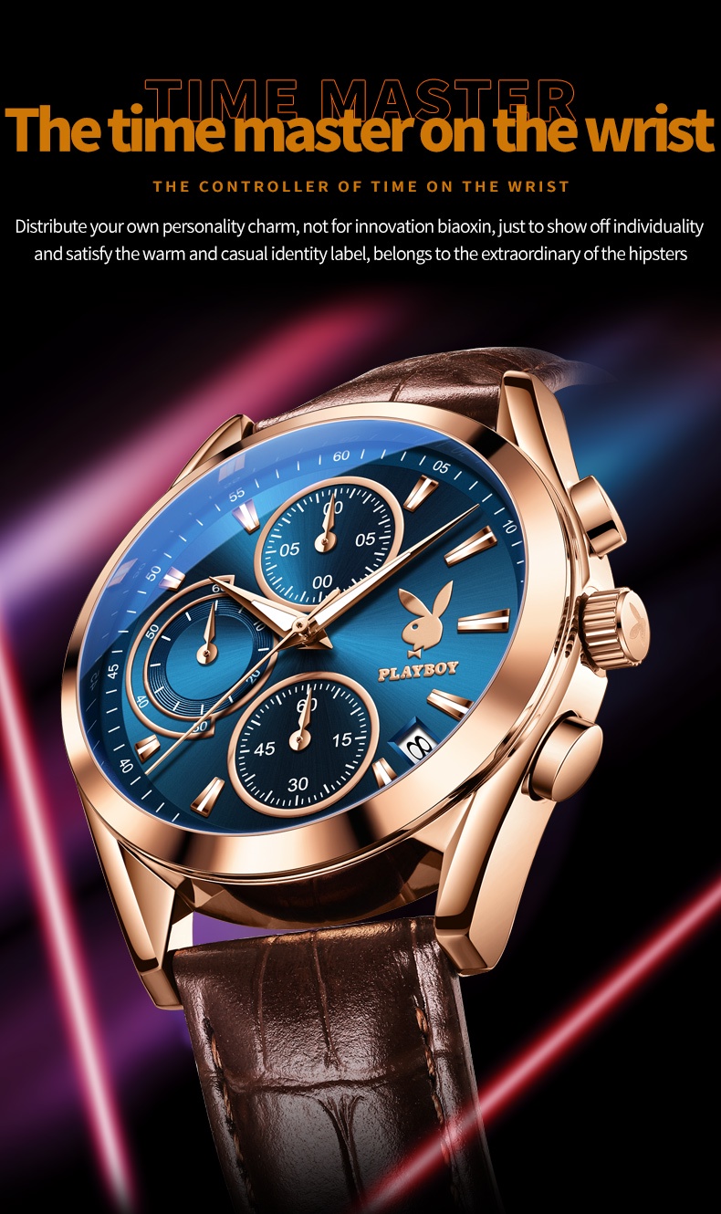 มุมมองเพิ่มเติมของสินค้า PLAYBOY 3042 นาฬิกาผู้ชายแท้ กันน้ำ สายหนัง สไตล์ธุรกิจ โครโนกราฟ ส่องสว่าง สีฟ้า สีดำ สีขาว ทอง