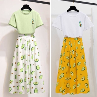 เดี่ยว/ขนาดเล็กสดสองชิ้นชุดหญิงฤดูร้อนอะโวคาโดพิมพ์Tเสื้อยืด+เอวสูงจีบกระโปรงครึ่งขี้เล่น