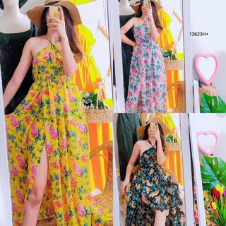 **แชทถามก่อนโอนนะคะ**ติดตามร้านลด20บ.TW13623    Maxi Dress แม็กซี่เดรสเชือกคล้องคอ เดรสผ้าชีฟองลายดอกไม้