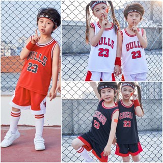 ชุดกีฬาเด็กโต ชุดบาสเด็ก ลาย bulls / chicago สีแดง / ขาว / ดำ