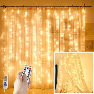 ม่านไฟ ม่านหน้าต่างมีไฟ 1 ม. 2 ม. 3 ม./ สายไฟ 300 LED 8 โหมดไฟ / ไฟแขวนตกแต่งม่าน / รีโมตคอนโทรล USB กันน้ำ สำหรับตกแต่งปีใหม่ คริสต์มาส ห้องนอน ปาร์ตี้ งานแต่งงาน สวน บ้าน แขวนผนัง