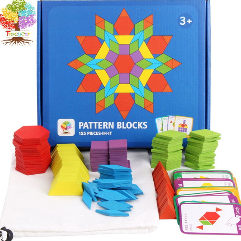 Treeyear 155 Pcs Wooden Pattern Blocks Set Geometric Shape Puzzle ...