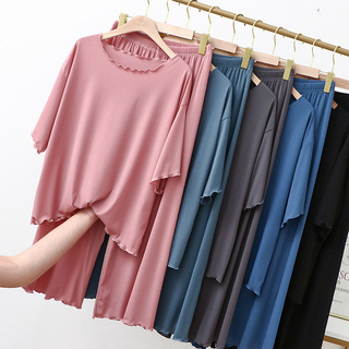 [พร้อมส่ง] ชุดนอน เสื้อแขนสั้น และกางเกง ผ้าเรยอนถัก พลัสไซซ์ สีพื้น สไตล์เกาหลี สําหรับผู้หญิง 2 ชิ้น L-XL