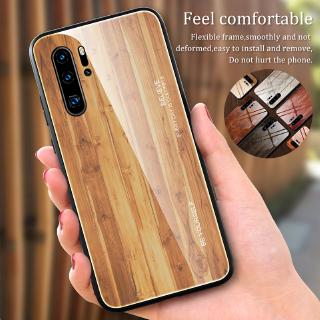 Huawei P20 Lite P30 Pro Nova 4e 5 5 5i 3e Glass Wood Grain Cover Rubber Edge Phone Case